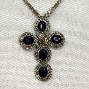 Large Cross Necklace Black Gemstones Ornate Pendant Vintage Style Silver Tone